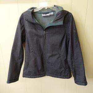 Free Tech Jacket Womens Medium Charcoal Gray Hooded Coat Zip Up Soft shell
